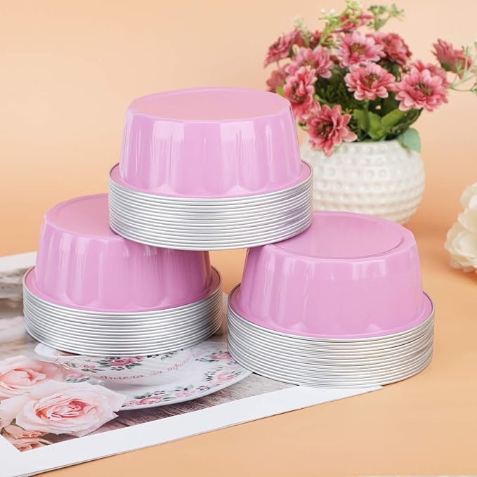 Beasea 8 oz 50 Pack Disposable Ramekins with Lids - Pink Aluminum Foil Cups for Creme Brulee, Muffin, Cupcake, Pudding, Party, Wedding, Birthday Baking