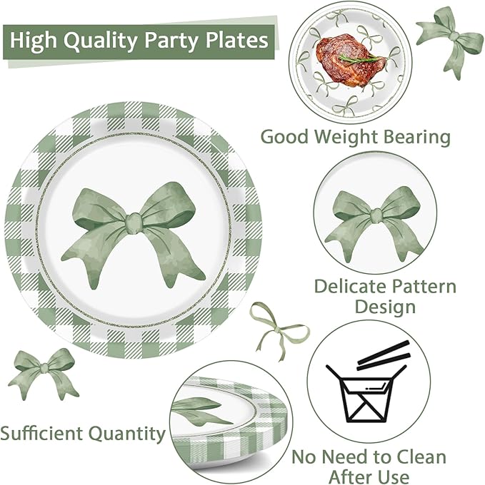 96Pcs Green Plaid Bow Plates and Napkins Coquette Party Decorations Bow Theme Dessert Paper Plates Napkins Forks Birthday Tableware Set for 24 Guests Girls Boys Baby Shower Picnic BBQ Party Suppliess