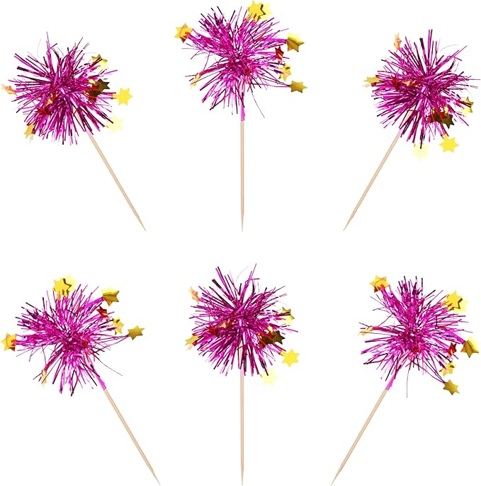 Rsstarxi 30 Pack Foil Firework Cupcake Toppers Sparkle Tinsel Drink Stirrers Birthday Cake Decoration Cocktail Food Toothpick for Happy Valentine's Day Wedding Graduation Party Decorations Purple
