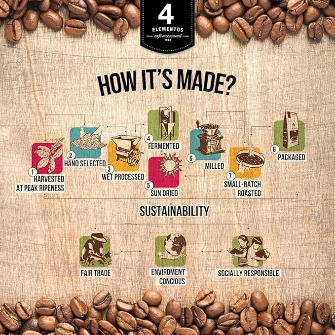 4 Elementos | Whole Bean Specialty Coffee, Medium Roast, 100% Arabica from Colombia, Chocolate, Caramel & Orange Notes, 12oz