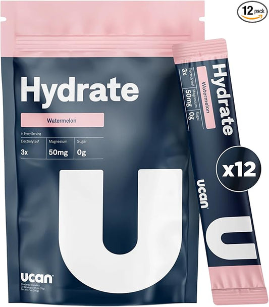 UCAN Hydrate Electrolyte Drink Mix (Watermelon, 12 Stickpacks) Sugar-Free, Keto-Friendly, Vegan, Non-GMO, Gluten-Free Electrolyte Powder with Potassium & Magnesium for Runners & Athletes