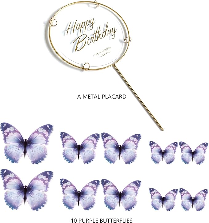 11-Piece Purple & Gold Butterfly Cake Toppers Set - Happy Birthday & Party Decorations