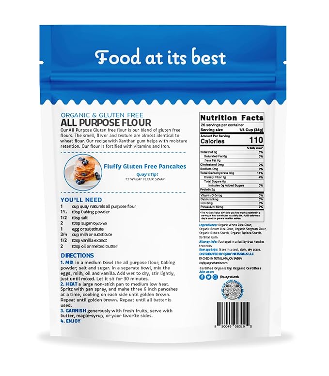 Quay Naturals Organic Gluten Free All Purpose Baking Flour - 2 lbs, No Grit, 1:1 Wheat Substitution, Dairy Free, Non-GMO, Kosher, Made in USA