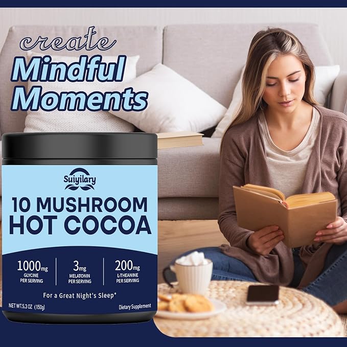 10 Mushroom Hot Cocoa, 3mg Melatonin Sleep Supplement, Sugar Free Keto Cocoa Powder, Nighttime Drink, 1000mg Glycine, 200mg L-Theanine, Help Fall Asleep and Stay Asleep, 15 Servings
