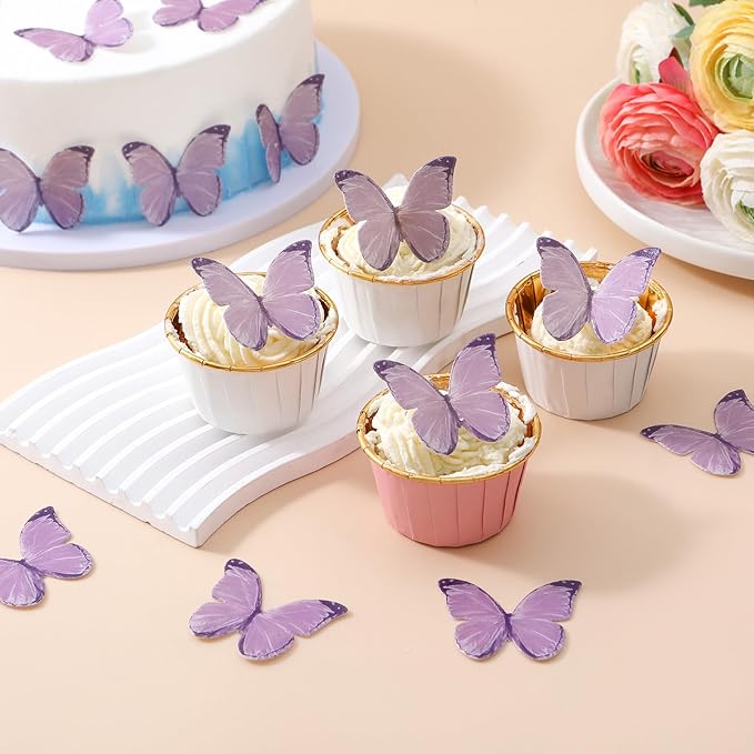 THJ Butterfly Cupcake Toppers 48Pcs Purple Edible Butterflies Cake Toppers Wafer Paper Butterflies for Birthday Party Wedding Anniversary Cupcake Cake Decorations Supplies