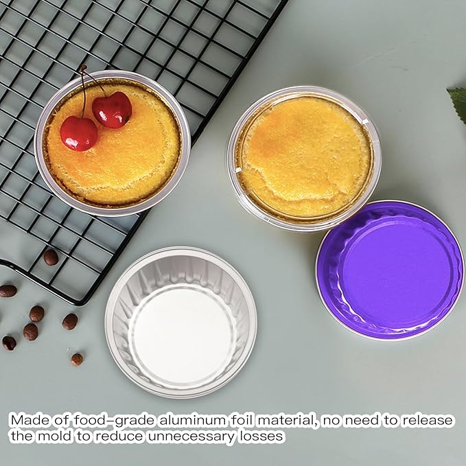 Lainrrew 50 Pack Baking Cups with Lids, Aluminum Foil Cupcake Cups Muffin Liners, Disposable Foil Ramekins, Cupcake Holders Dessert Containers Mini Pudding Cups (Purple)