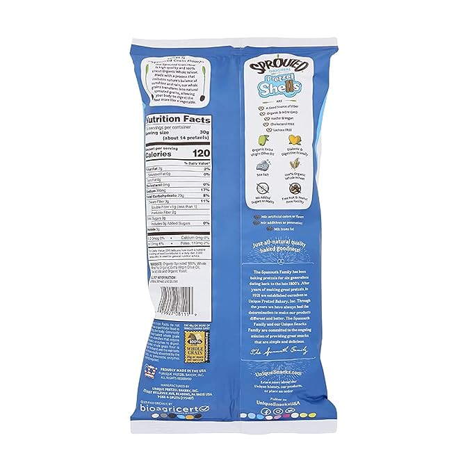 Unique Snacks Sprouted Pretzel Shells, Delicious Homestyle-Baked Snack Bag, Vegan, OU Kosher Pretzels, Non-GMO Office Snacks, 8 Oz. Bag, Pack of 6