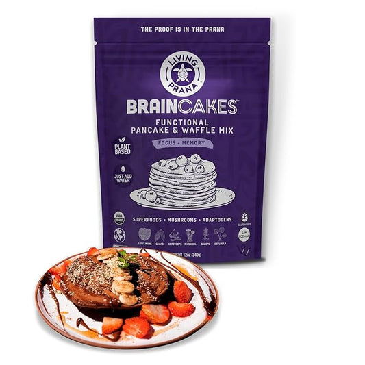 BrainCakes Superfood Organic Pancake & Waffle Mix Gluten Free | Memory, Focus & Stress Support | Just-Add-Water | By LIVING PRANA | 12oz