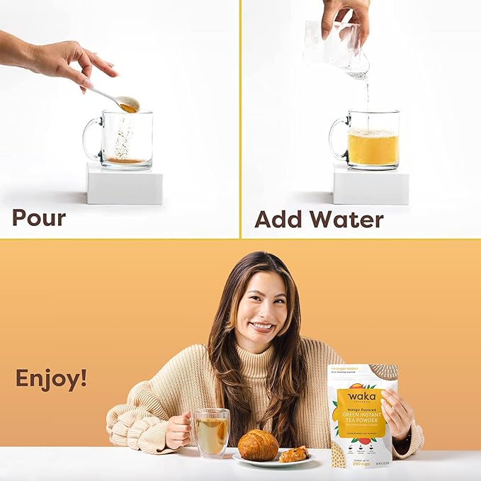 Waka Instant Green Tea Mix, Mango Flavored - 100% Tea Leaves, No Additives, Unsweetened Sample/Travel Size Tea Powder - Easy Quick Hot and Iced Teas, Up to 20 Cups or 5 Quarts (.45oz)