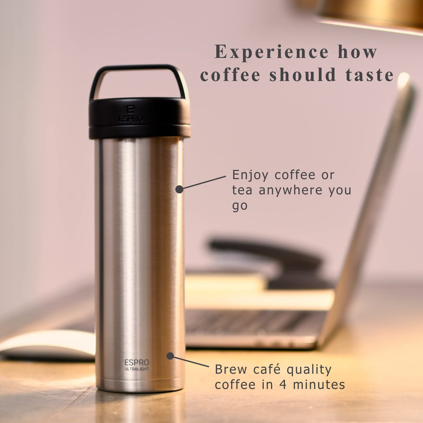 ESPRO Go P0 Ultralight French Press Coffee Maker for Travel, Vacuum Insulated Stainless Steel, 16