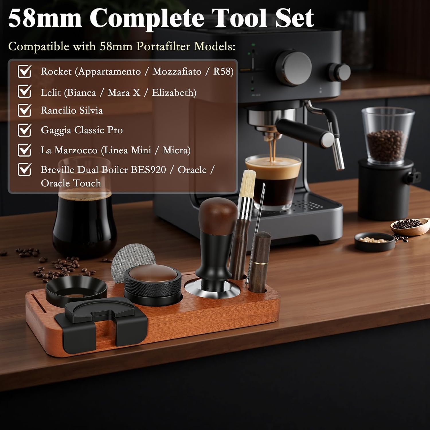 YUNGOO 8 PCS Espresso Accessories Kit, 58mm Espresso Tamper Kit Coffee Tamper Set with Coffee