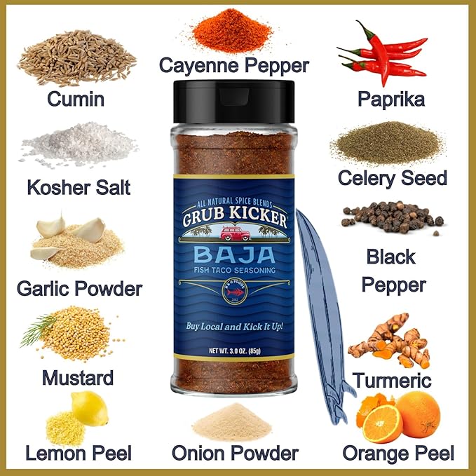 Grub Kicker assorted 4 pack includes: Wildflower Herbes De Provence, Appalachian All Purpose, Baja Fish Taco, Public House Sunday Roast. Premium Seasoning blends