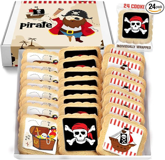 Pirate Themed Cookies Party Favors Birthday Baby Shower | Individually Wrapped 24 Pack Bulk | Theme Printed Cookie Treats snack Treasure Chest Pirateship Skull
