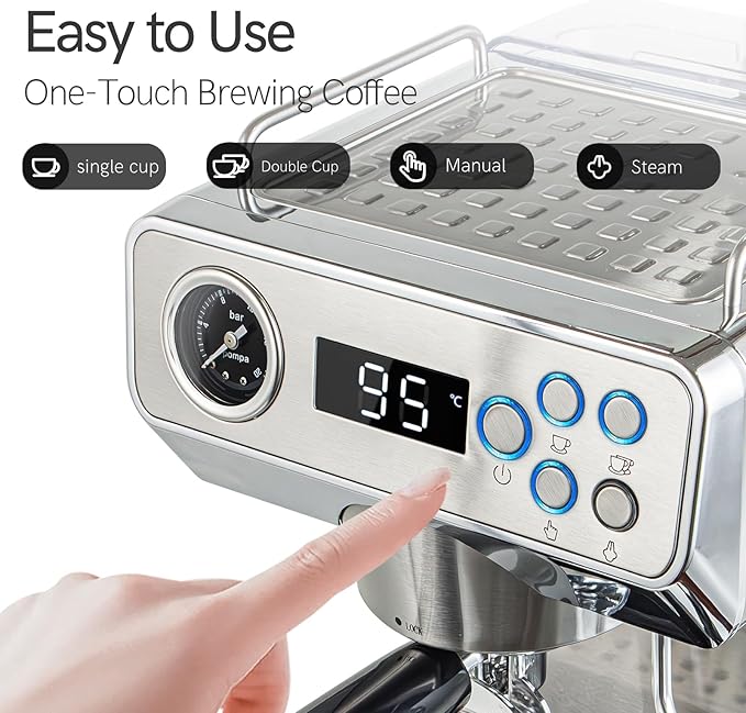 Espresso Machine, 20Bar Espresso Coffee Machine with Milk Frother & Temp Display, Stainless Steel Coffee Maker with 51oz Removable Water Tank for Latte, Cappuccino