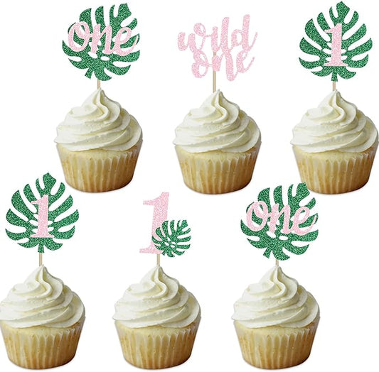 Safari Wild One Cupcake Topper Girls 1st Tropical Leaf Birthday Party Jungle Animals Decorations Pink 1
