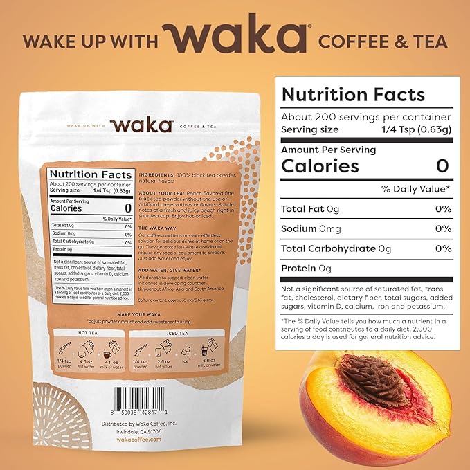 Waka Instant Black Tea Mix, Peach Flavored - 100% Tea Leaves, No Additives, Unsweetened Tea Powder for 50 Quarts or 200 Cups ??Easy and Quick Hot or Iced Teas (4.5oz)