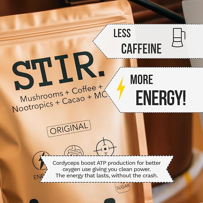 STIR Premium Instant Mushroom Coffee | Lion?™s Mane, Chaga, Reishi, Cordyceps, Shiitake, Turkey Tail | Organic Cacao, Vanilla, Coconut MCTs | Focus, Energy, Digestion Support | 30 Servings