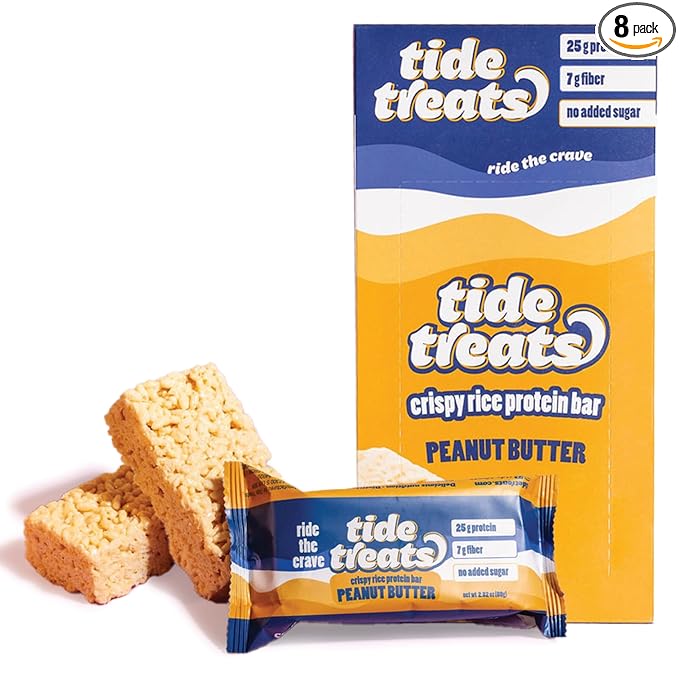Crispy Rice Protein Treat Peanut Butter Bar | 25 g Protein, No Added Sugar, 7 g Fiber, Gluten Free | High Protein Snack for On-the-Go, Post-Workout or Dessert Cravings | 8 Count | TideTreats