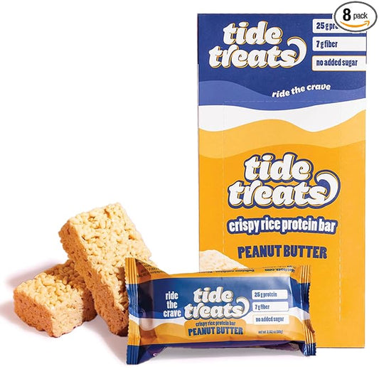 Crispy Rice Protein Treat Peanut Butter Bar | 25 g Protein, No Added Sugar, 7 g Fiber, Gluten Free | High Protein Snack for On-the-Go, Post-Workout or Dessert Cravings | 8 Count | TideTreats