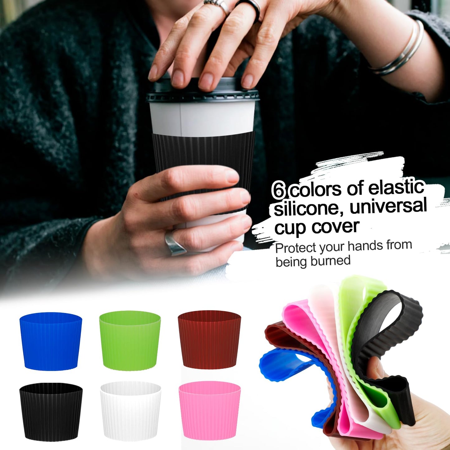 PRAVICS 6Pcs Reusable Coffee Cup Silicone Sleeves Heat Resistant Insulates Protective Sleeve