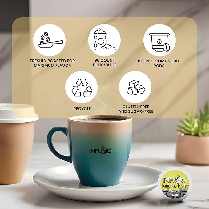 InfuSio Coffee Pods 96 Count - Bananas Foster Coffee, Medium Roast Flavored Single Serve Pods for Keurig K Cups Brewers - InfuSio Premium Roasted Keurig 2.0 Compatible