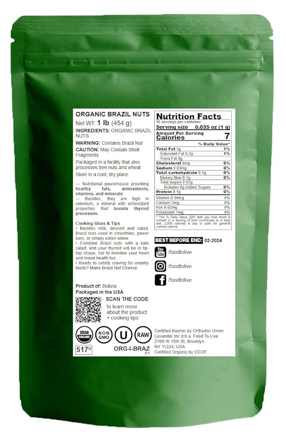Food to Live - Organic Brazil Nuts, 1 Pound Non-GMO, Raw, Whole, No Shell, Unsalted, Kosher, Vegan, Keto, Paleo Friendly, Bulk, Trail Mix Snack, Good Source of Selenium.