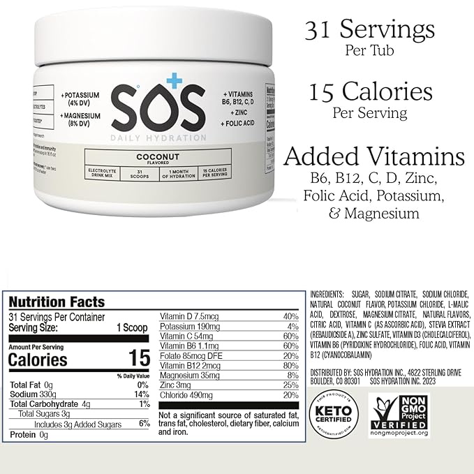 SOS Hydration Coconut Electrolyte Drink Mix (31 Servings) ??Low Sugar, 15 Calorie, Keto-Friendly & Rapid Rehydration