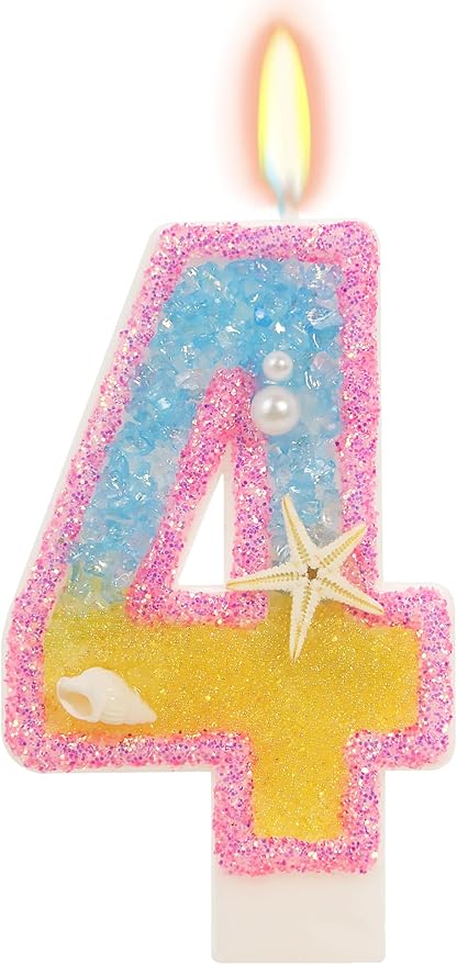 4th Birthday Candle for Cake, Pink Beach Starfish Sequins Number Cake Candles, 2.76 inch Pink Cake Topper Decoration for Birthday Party (Number 4)
