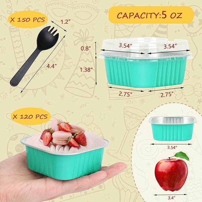 120pack 5oz Mini Cake Pans with Lids,LNYZQUS Aluminum Foil Cupcake Baking Cups Muffin Tin,Disposable Ramekins Small Cake Mini Brownie Baking Pan Cheesecake Containers -Cyan Blue