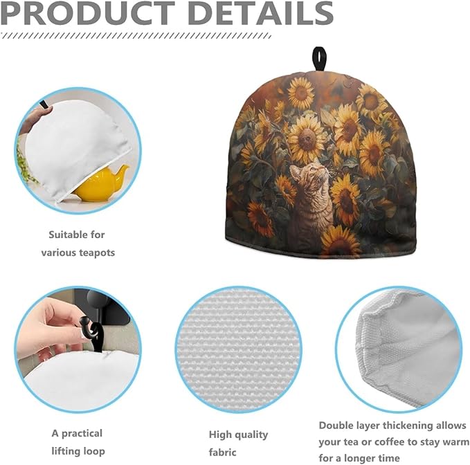3D Cat Sunflower Tea Cosy Cover Insulated Teapot Cover for Home Kitchen Decoration Warm Keep Tea Kettle Cozy
