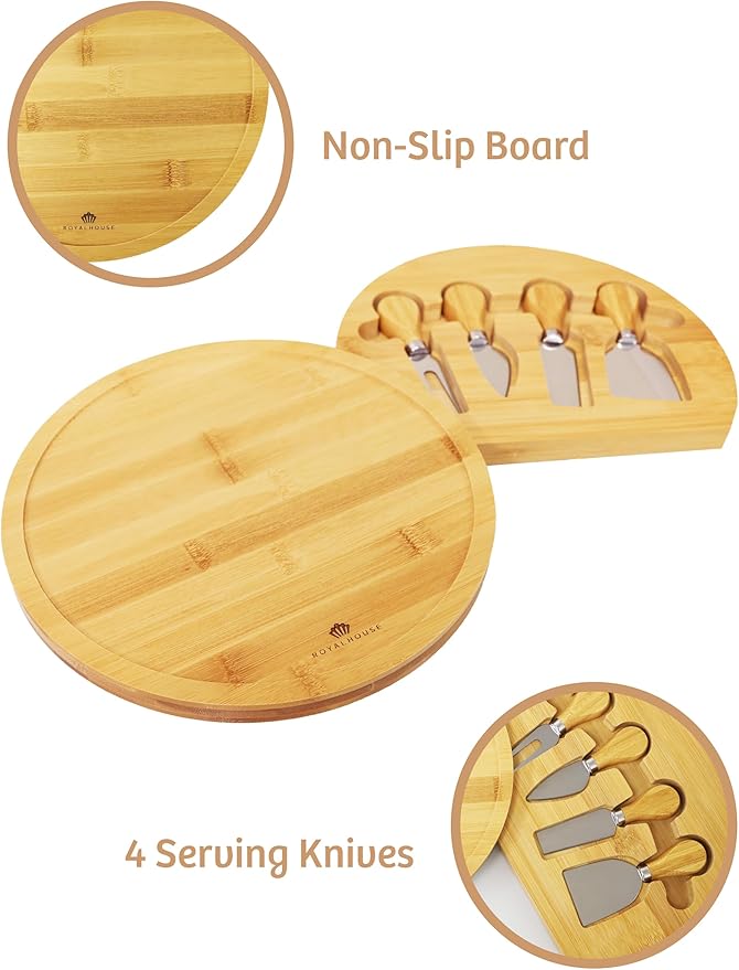 RoyalHouse Bamboo Round Cheese Board and 4 Knives Set with Slide-Out Cutlery Drawer - Charcuterie Boards Set - House Warming Gifts New Home, Wedding Gifts for Couple 2025, Bridal Shower Gifts