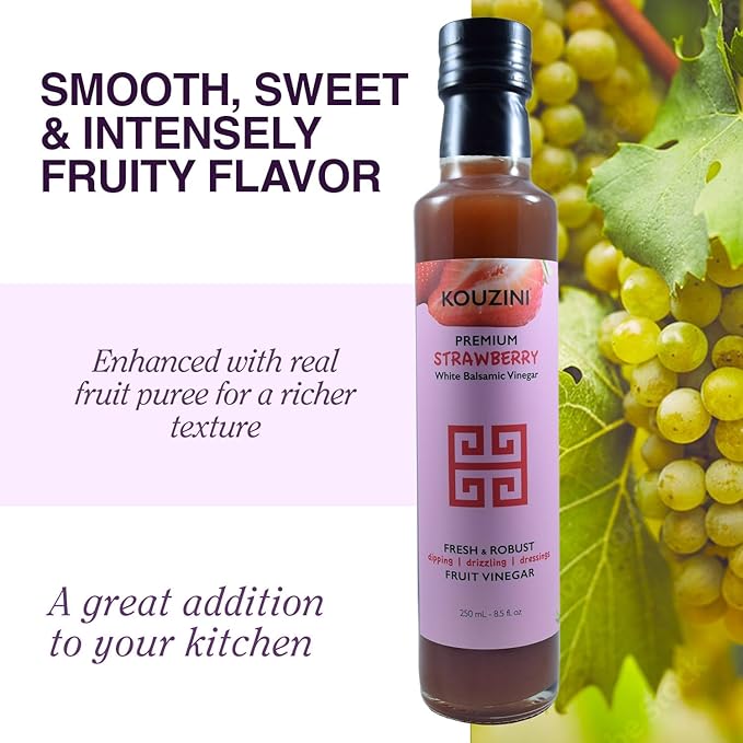 Kouzini Ultra Premium Strawberry Fruit White Balsamic Vinegar, Aged Balsamic Vinegars from Modena, Italy, Premium, Smooth & Full-Bodied Flavor, 250ml Bottle