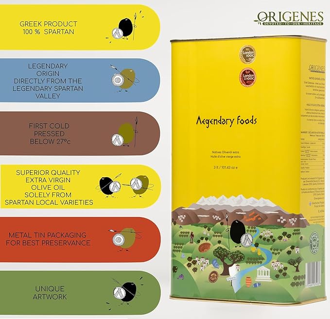 Extra Virgin Olive Oil Tin, Great Taste Cold Pressed EVOO, Fruity Flavor, Polyphenol Rich Olive Oil from the Land of Sparta 3lt Tin