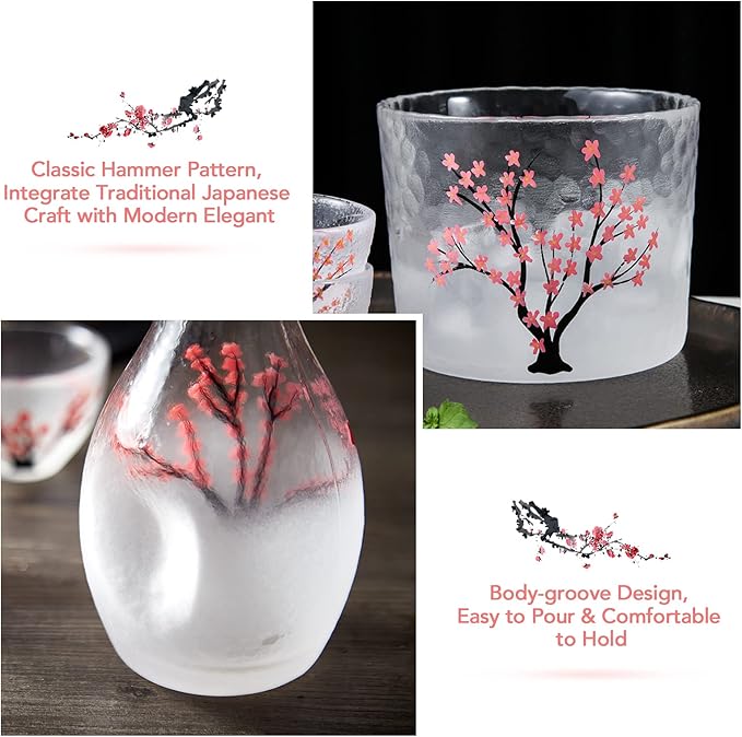 DUJUST Japanese Sake Set for 4, Handcraft Pink Cherry Blossoms Design, 1 Sake Bottle, 1 Sake Tank and 4 Sake Cups, Cold/Warm/Hot Sake Carafe, Special Japanese Gifts Set - 6 pcs