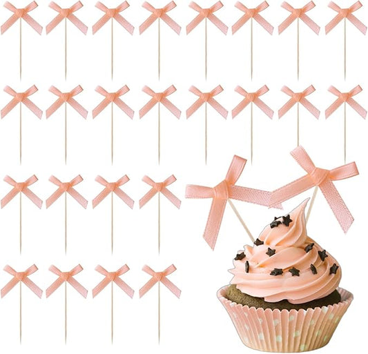 24Pcs Bow Birthday Decorations Cupcake Toppers Supplies Rose Gold Bow Baby Shower Cupcake Toppers Decorations for Girl Party Supplies Coquette Birthday Decorations