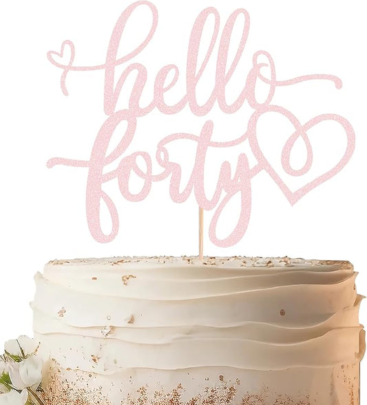 Hello Forty Cake Topper - Light Pink Glitter 40th Birthday Cake Decorating Supplies for Women, Hello 40 Cake Decor for 40th Birthday/Anniversary Party Photo Booth Props