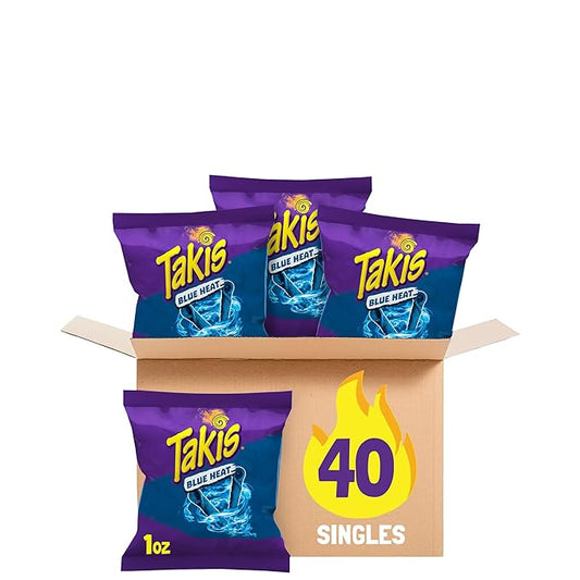 Takis Blue Heat 40 pc / 1 oz Multipack - Intense Hot Chili Pepper Flavored Extreme Spicy Rolled Tortilla Chips - Individual Bags, Perfect for Tailgates, Parties, Lunchboxes or Lunches