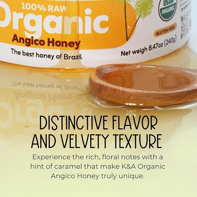 K&A HONEY Angico Honey | USDA Certified Organic | 100% Raw Brazilian Honey | Rich in Antioxidants & Natural Energy | Natural Alternative to Sugar | 8.47 oz