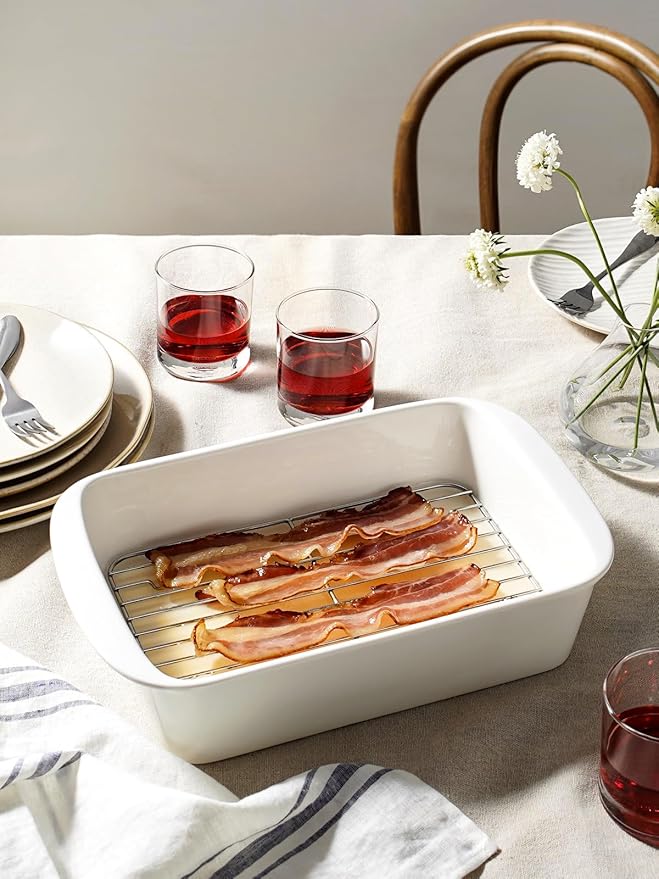 LE TAUCI Deep Casserole Dishes for Oven, 13.7???.6??Ceramic Baking Dish Set with Roasting Racks, Large Lasagna Pans with Handles, Rectangular Bakeware as Gift for Mom, White (4.6QT/3.0QT/1.6QT), Set of 3