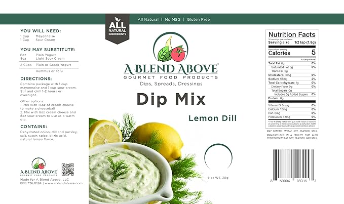 A Blend Above Lemon Dill Dip Mix Gourmet Food Product, 1 oz Packet (3 Pack), Gluten-Free, No MSG, All Natural, No Preservatives, Vegetable Dip, Keto Friendly, Low Carb, Easy to Make