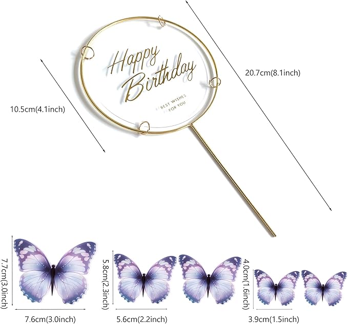 11-Piece Purple & Gold Butterfly Cake Toppers Set - Happy Birthday & Party Decorations