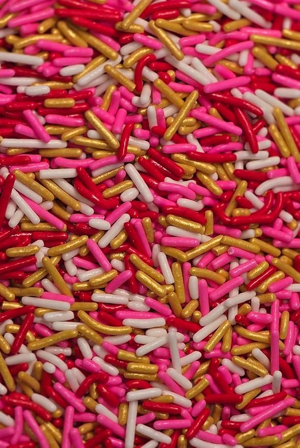 NCS Red, White, Pink, and Gold Edible Jimmies Sprinkles, 8 ounces - Great for Cupcakes, Cookies, Cakes, Cakes Pops, Donuts