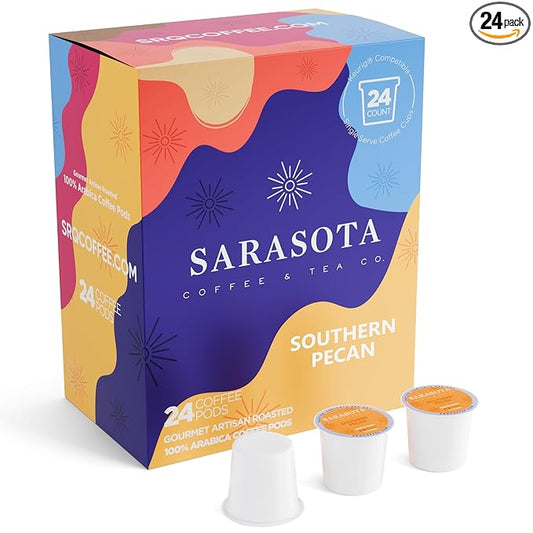 Sarasota K-Cup Coffee Pods | Medium Roast Flavored Coffee | Southern Pecan Crunch | Single Serve for Keurig Brewers | Gourmet, Low Acid, Mold Free | 24 Count