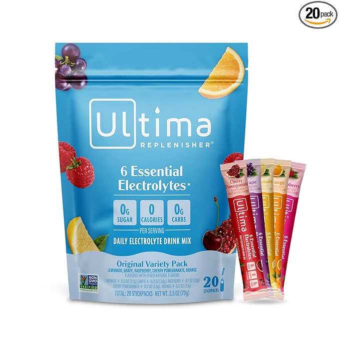 Ultima Replenisher Daily Electrolyte Powder Drink Mix ??Sugar Free ??Original Variety, 20 Stickpacks ??Hydration Packets with 6 Electrolytes and Minerals ??Keto Friendly, Vegan, Non-GMO