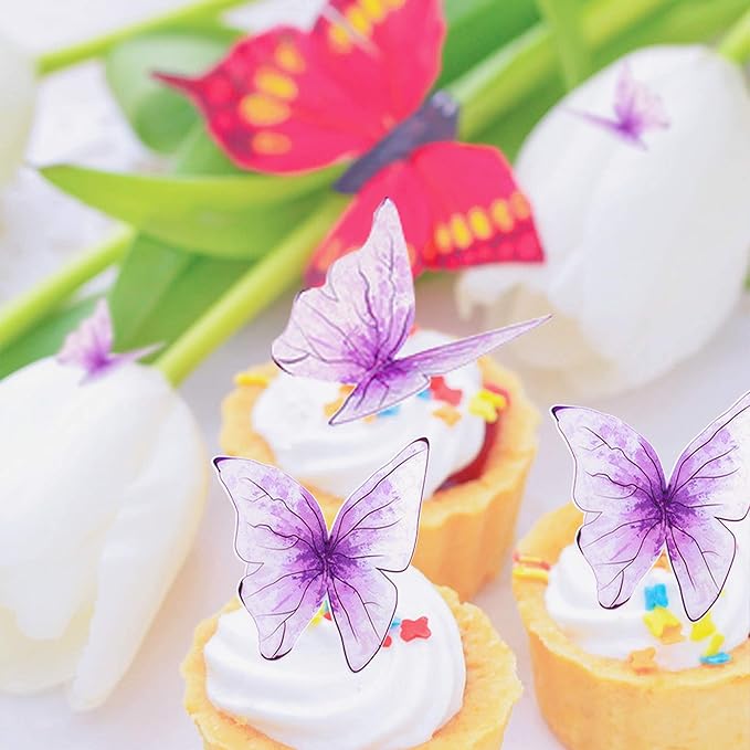 30pcs Purple Mixed Size Lively 3D Waterproof Butterfly Cupcake Topper for Girls Women's Happy Birthday Wedding Party Cake Wall Party Food Decorations