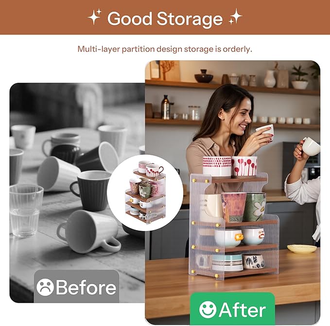 Coffee Mug Holder Wooden Cup Station Organizer 4-Tier Cup Holder for Coffee Bar Mug Display Rack for Countertop Mug Holder Shelf for Home Kitchen Wood