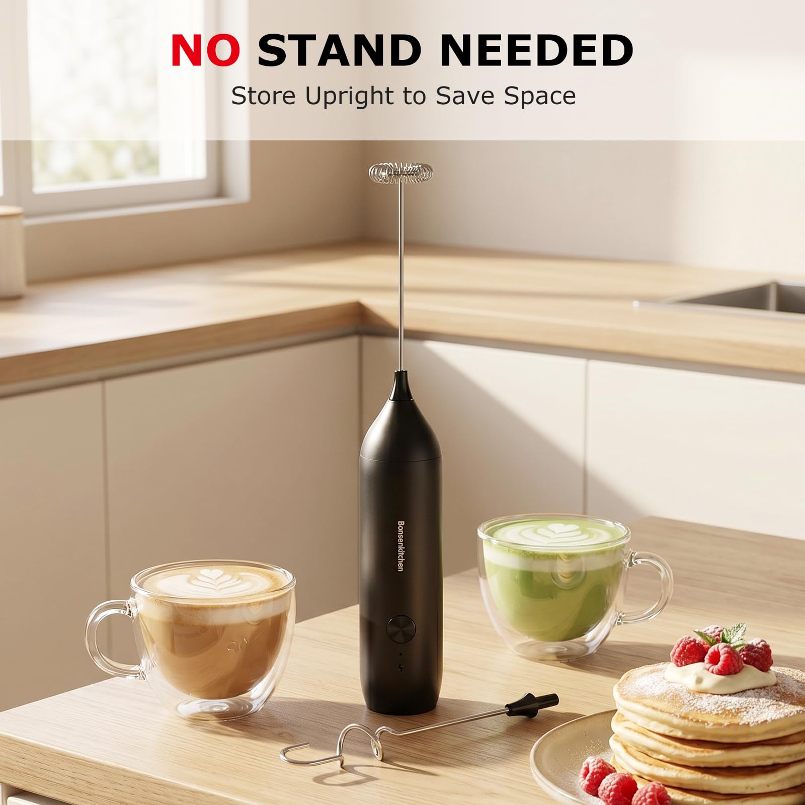Bonsenkitchen Rechargeable Milk Frother Handheld, Charging USB-C