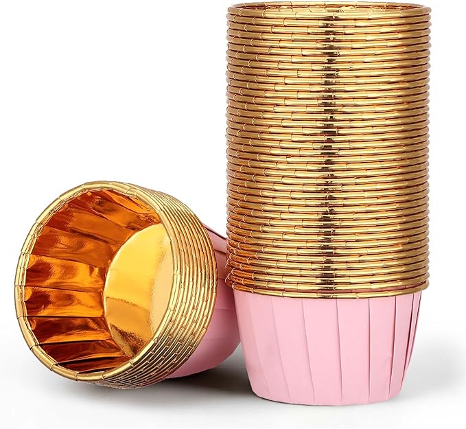 EUSOAR Cupcake Liners, 50pcs 3.5oz Aluminum Foil Wrappers Muffin Cupcake Containers, Disposable Dessert Ramekins Paper Baking Cups Mini Cheesecakes Holders for Birthday Wedding Party-Pink/Gold