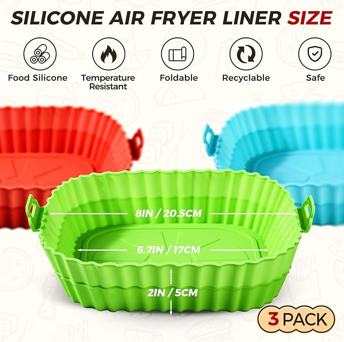 3 Pack Air Fryer Silicone Liners 8inch Air Fryer Silicone Pot Reusable Food Grade Silicone Airfryer Liners Baking Basket Accessories Replacement of Flammable Disposable Parchment Paper