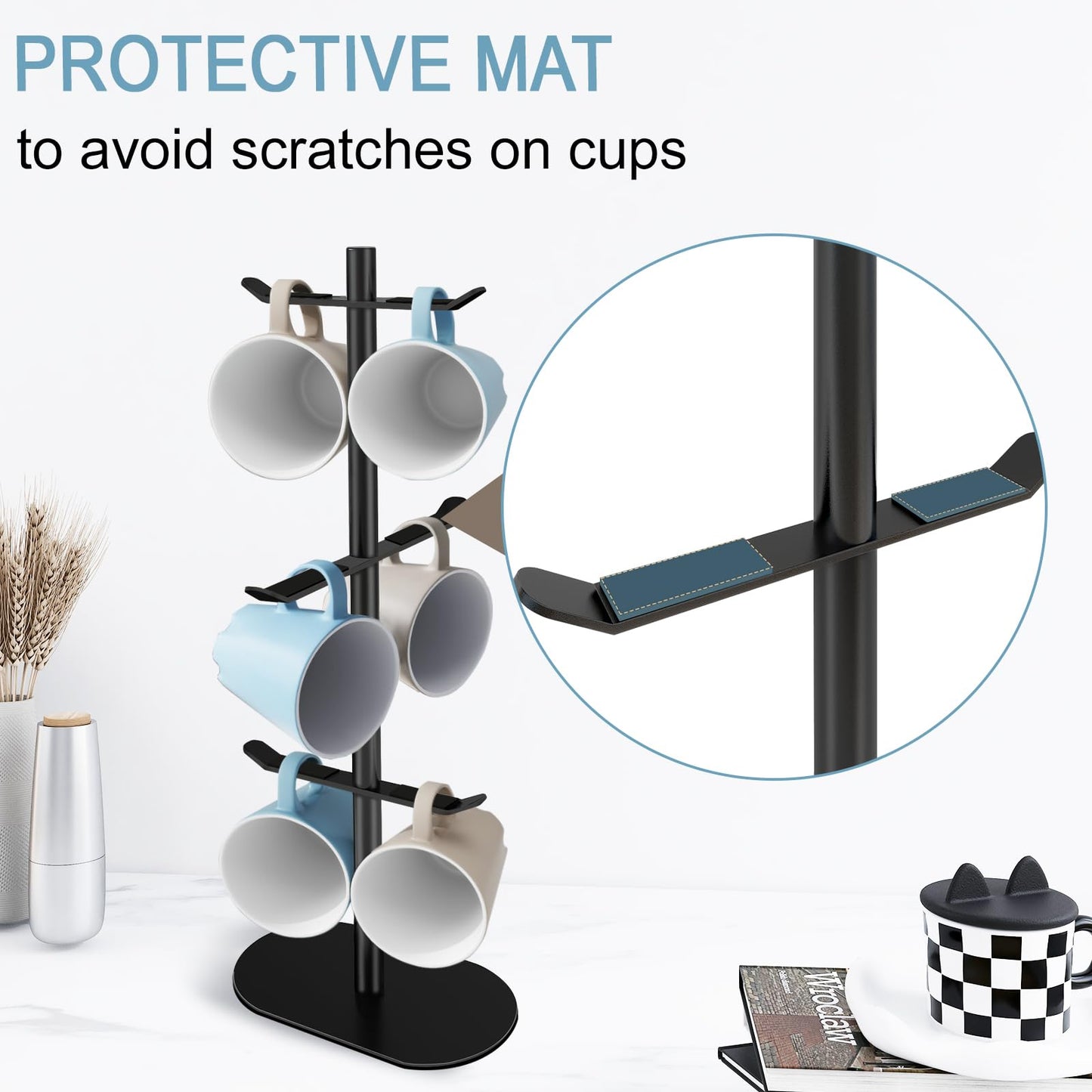 XEENEW Cup Holder Tree with 6 Hooks, Metal Coffee Mug Rack Stand (Black)